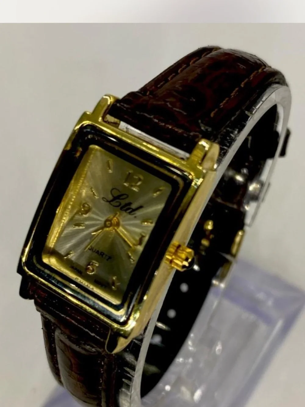 *** Ltd ^^^ Gold-Tone Rectangular Quartz Watch ***  Tan Leather Strap *^*